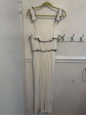 White Ruffle-Strap Jumpsuit with Black Trim